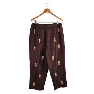 Vintage Silkland Brown Silk Pineapple Embroidered Beaded Pants Size 16 Vacation